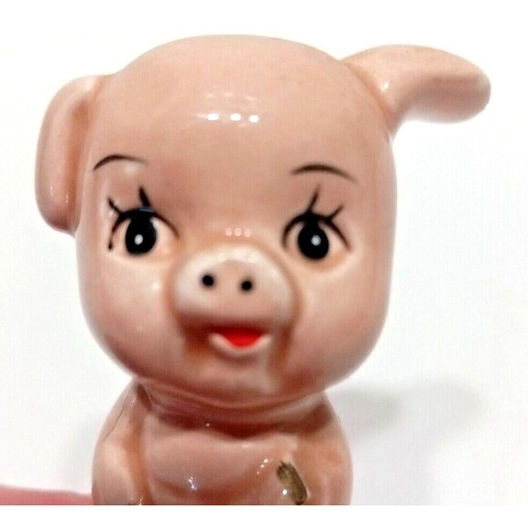 Porcelain Pink Pig Figurine 2 Inch Vintage Collectible Big Eyes One Ear Up Happy - Picture 8 of 10